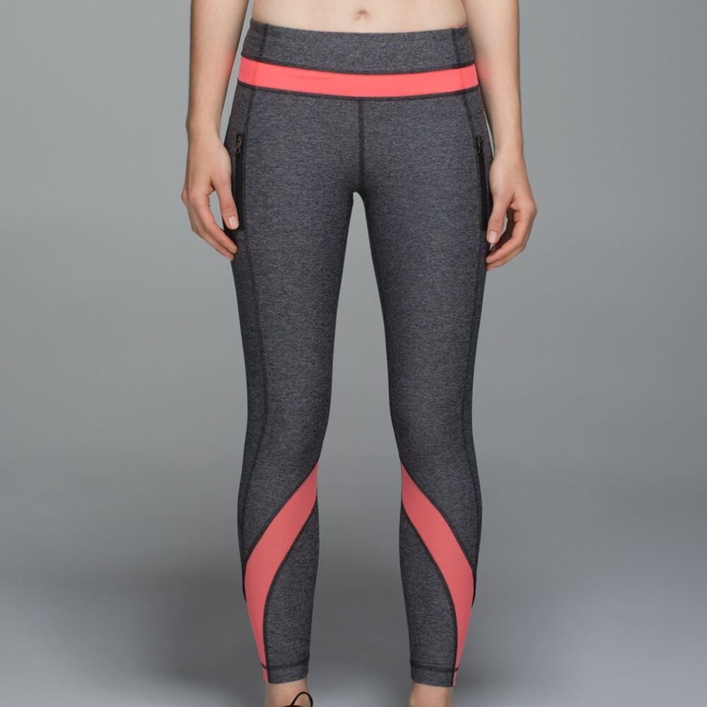 Lululemon Inspire Tight II (Mesh) in Heathered Black / Grapefruit, Size 4